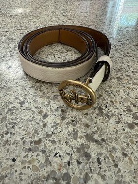 Coach Ivory and Brown Leather Belt with Gold Horse & Carriage Buckle